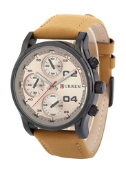 Curren Analog Watch for Men with Leather Band, Water Resistant & Chronograph, 8207, Beige-Brown