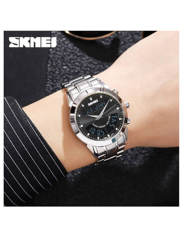 SKMEI Islamic Analog + Digital Watch for Men with Stainless Steel Band, Water Resistant, Silver-Black