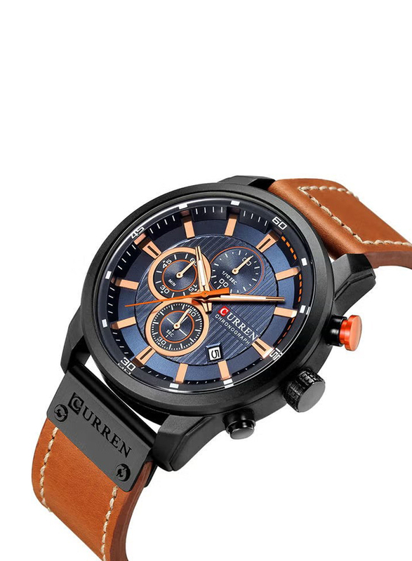 Curren Analog Watch for Men with PU Leather Band, Chronograph, J3591-5-1-KM, Brown-Blue