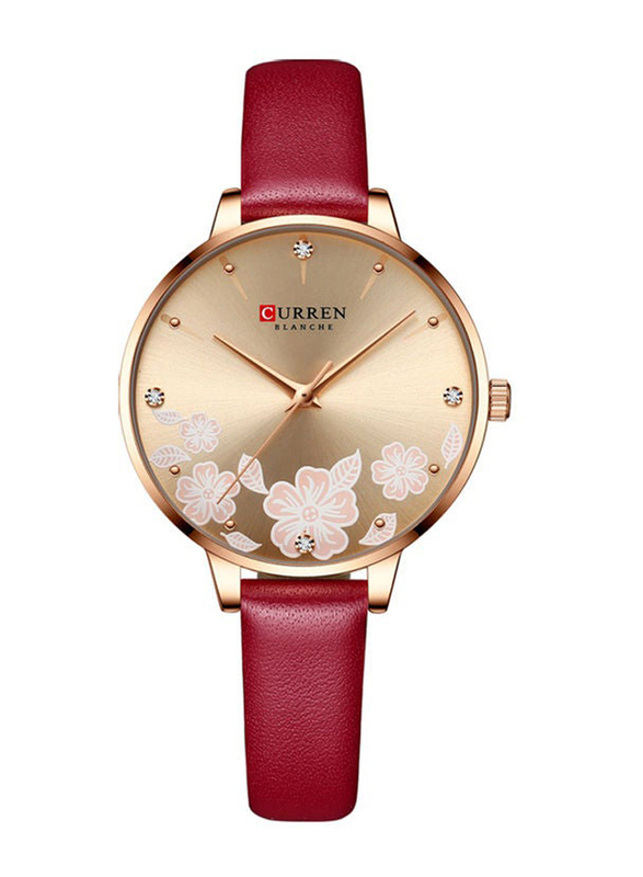 Curren Analog Wrist Watch for Women with Leather Band, Water Resistant, J-4896RO, Red-Gold