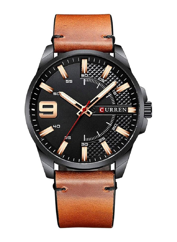 Curren Analog Watch for Men with Leather Genuine Band, Water Resistant, 8371, Black-Brown
