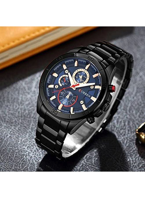 Curren Analog Wrist Watch for Men with Stainless Steel Band, Water Resistant and Chronograph, 8275hm, Black-Blue