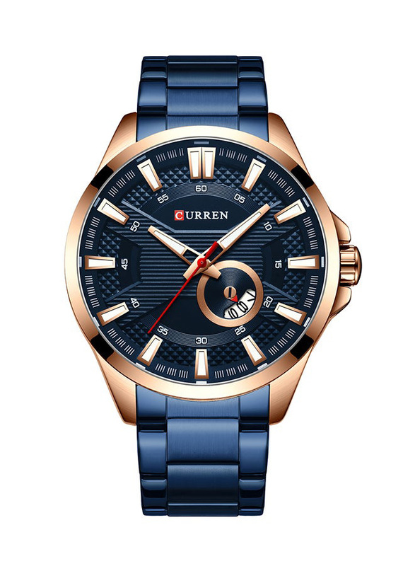 Curren Analog Calendar Quartz Watch for Men with Stainless Steel Band, Water Resistant, 8372, Blue-Gold