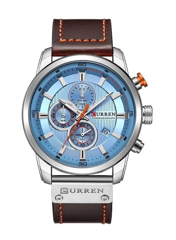 Curren Stylish Analog Chronograph Wrist Watch for Men with Leather Band, Water Resistant, 8291, Brown-Blue