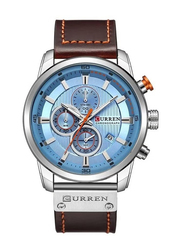 Curren Stylish Analog Chronograph Wrist Watch for Men with Leather Band, Water Resistant, 8291, Brown-Blue