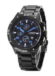 Curren Analog Chronograph Watch for Men with Stainless Steel Band, Water Resistant, 2031214, Black-Black/Blue