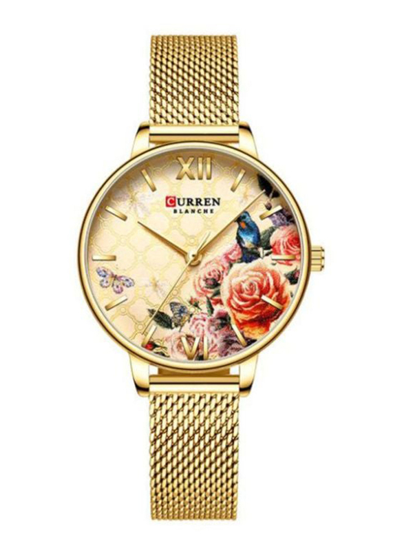 Curren Analog Watch for Women with Alloy Band, Water Resistant, J4274G-KM, Gold-Gold/Orange/Blue