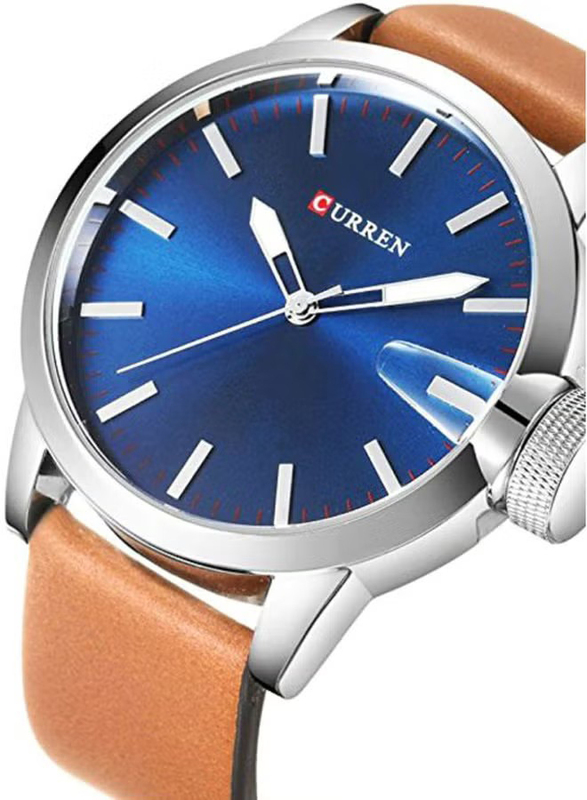 Curren Analog Watch for Men with Leather Band, Water Resistant, 8208, Brown-Blue