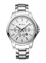 Curren Analog Wrist Watch for Men with Stainless Steel Band, Water Resistant and Chronograph, 8129, Silver-White
