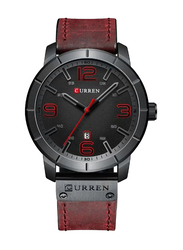 Curren Analog Watch for Men with Leather Band, Water Resistant, 8327, Red-Black