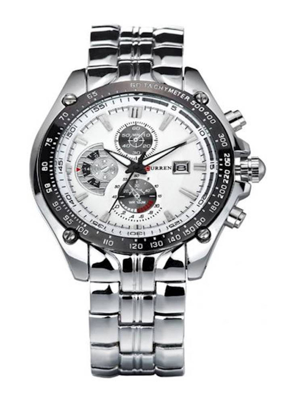 Curren Analog Watch for Men with Stainless Steel Band, Chronograph, 8083, Silver-White