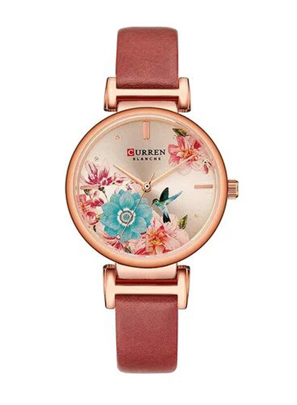 Curren Analog Watch for Women with Leather Band, Water Resistant, 9053A, Red-Beige