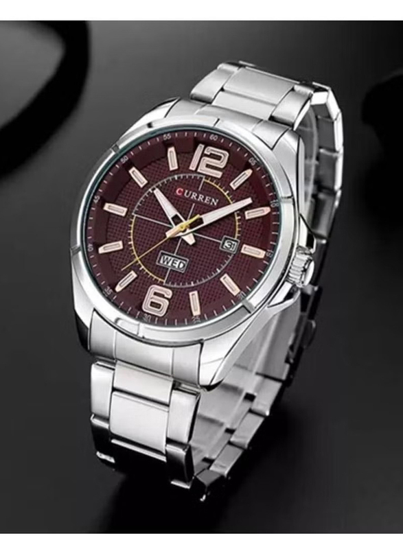 Curren Analog Watch for Men with Stainless Steel Band, Water Resistant, 8271, Silver-Red