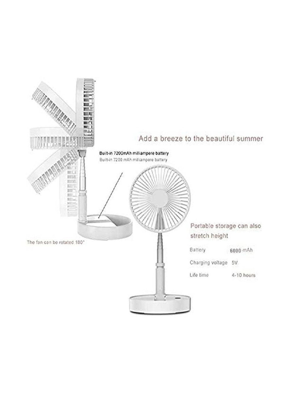 Portable USB Rechargeable Battery Height Adjustable Folding Retractable Travel Fan for Many Occasions, White