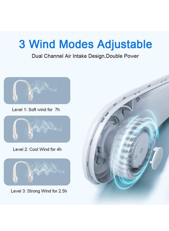 Rabos Portable Bladeless 360° Cooling USB Rechargeable Headphone Design Neck Fan Hands Free with 3 Wind Speed for Outdoor Indoor, White