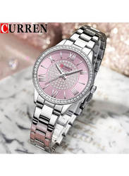 Curren Analog Quartz Watch for Women with Stainless Steel Band, Water Resistant, 9084, Silver-Pink
