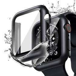 Waterproof Tempered Glass Screen Protector Hard PC Bumper Case + Scratchproof 9H Glass Film Full Protective Case for Apple Watch 44mm SE Series 6 5 4, Black