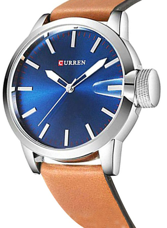 Curren Analog Wrist Watch for Men with Leather Band, Water Resistant, 8208, Brown-Blue
