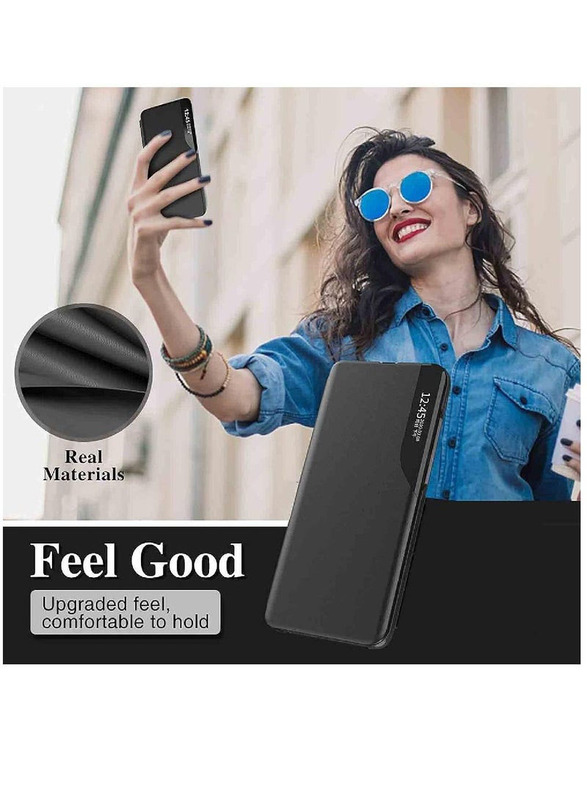 Olliwon Xiaomi Redmi K50 Ultra Protective Windows Smart View Foldable Kickstand Mobile Phone Flip Case Cover, Black