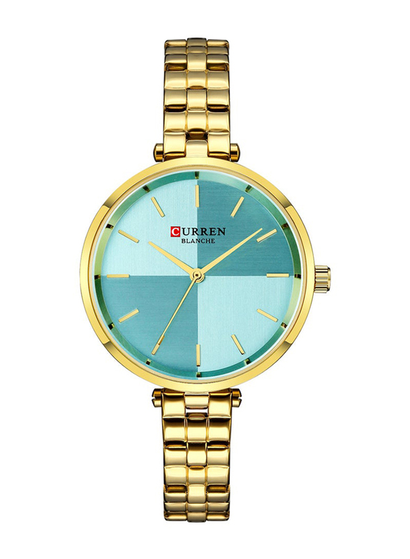 Curren Analog Wrist Watch for Women with Alloy Band, Water Resistant, 9043-4, Gold-Blue