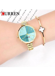 Curren Analog Watch for Women with Stainless Steel Band and Water Resistant, 9043GGR, Gold-Turquoise