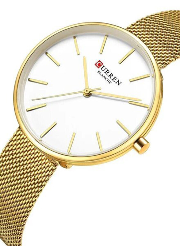 Curren Analog Watch for Women with Stainless Steel Band, Water Resistant, 9042, Gold/White