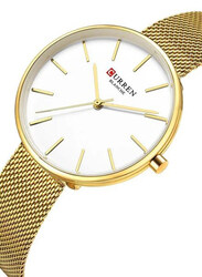 Curren Analog Watch for Women with Stainless Steel Band, Water Resistant, 9042, Gold/White