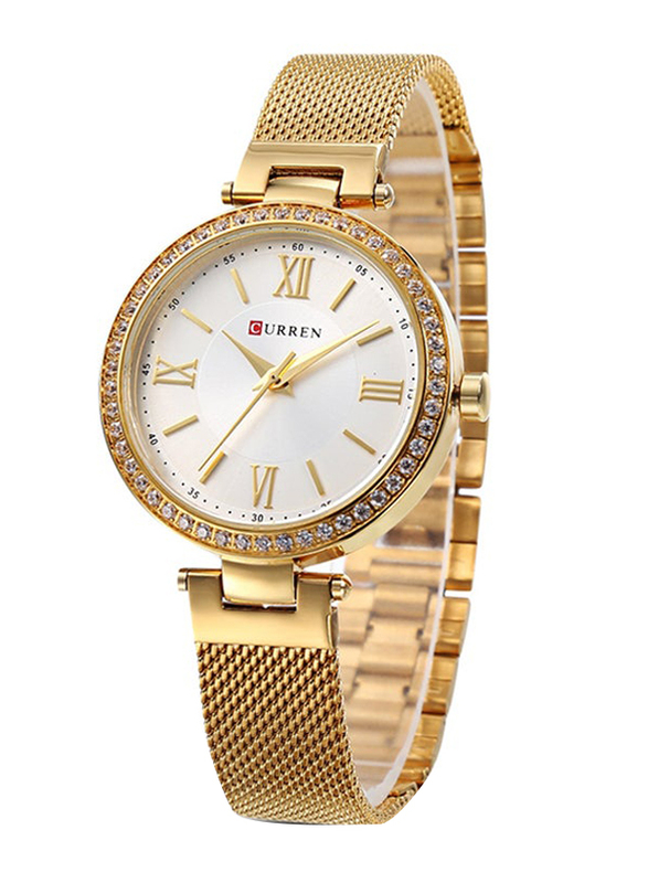 Curren Analog Watch for Women with Stainless Steel Band, Water Resistant, 9014, Gold-White
