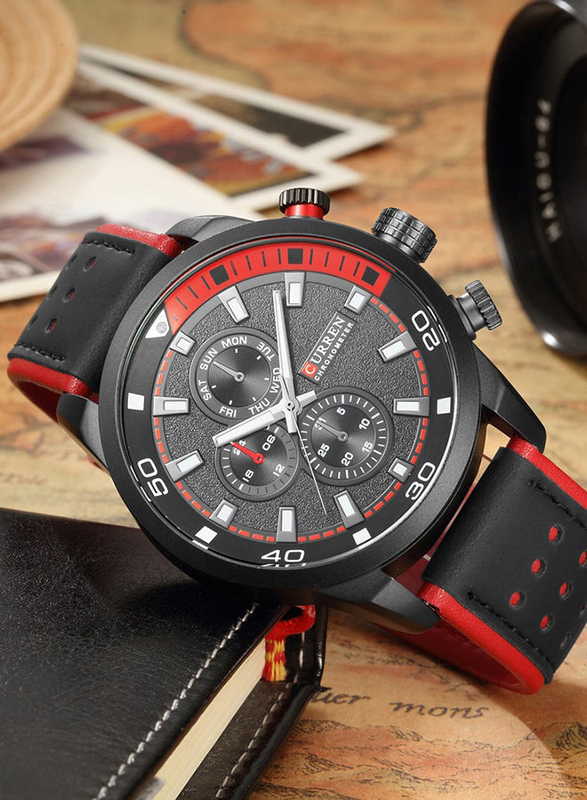 Curren Analog Watch for Men with Leather Band, Water Resistant, WT-CU-8250-R, Red/Black-Black