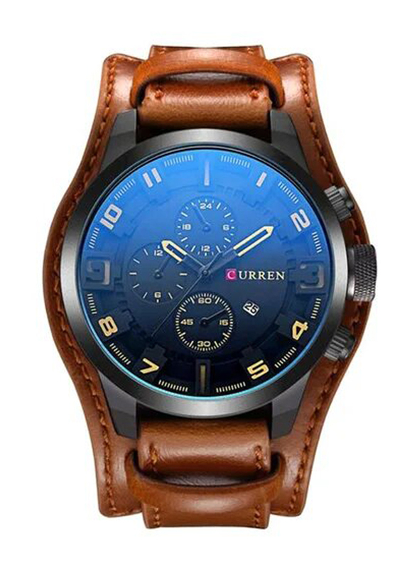 Curren Analog Watch for Men with Leather Band, Water Resistant and Chronograph, 8225, Coffee/Black