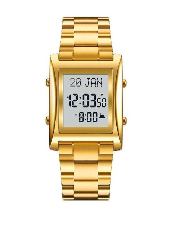 SKMEI Islamic Square Digital Adhan Alarm & Islamic Calendar Watch for Men with Stainless Steel Band, Gold-Grey