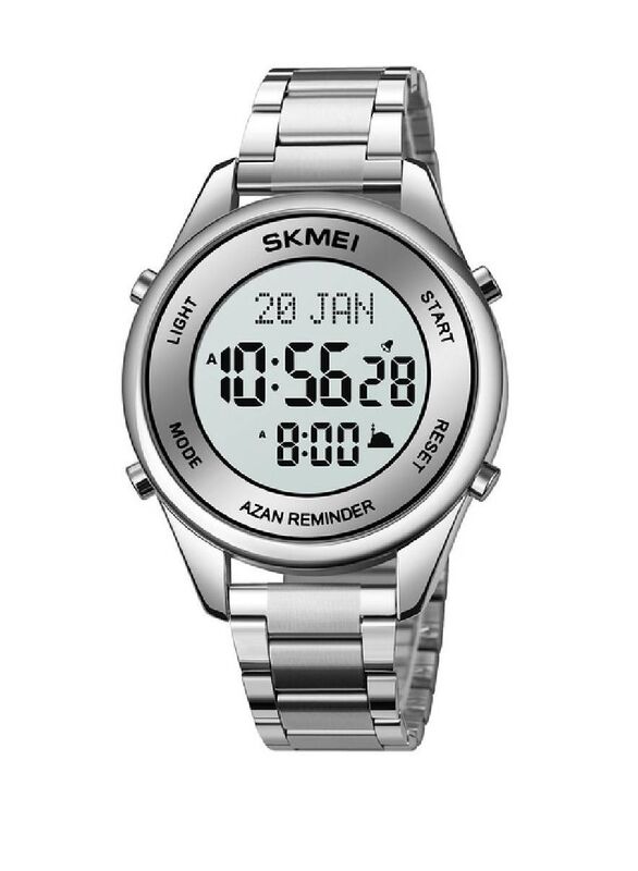 SKMEI Islamic Round Digital Adhan Alarm & Islamic Calendar Watch for Men with Stainless Steel Band, Silver-Grey