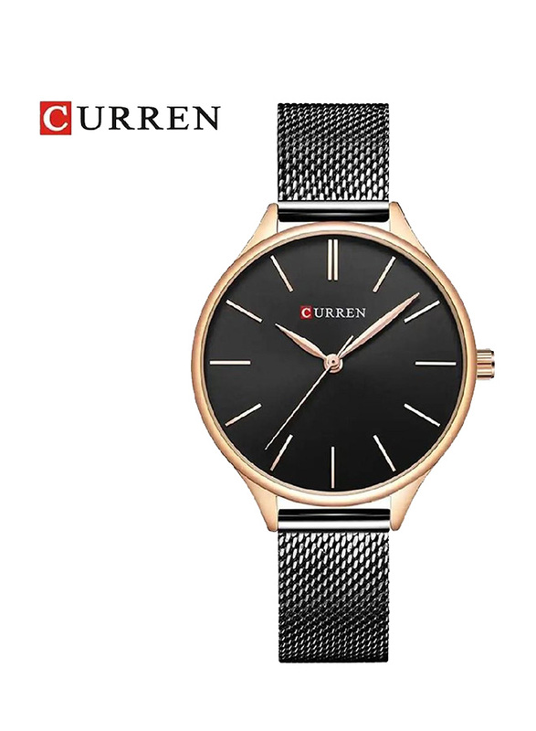 Curren Analog Quartz Watch for Women with Stainless Steel Band, Water Resistant, Black-Gold