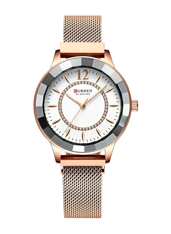Curren Analog Watch for Women with Stainless Steel Band, Water Resistant, 9066, White-Rose Gold
