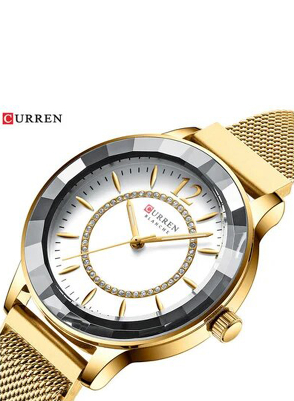 Curren Analog Unisex Watch with Stainless Steel Band, Gold-White