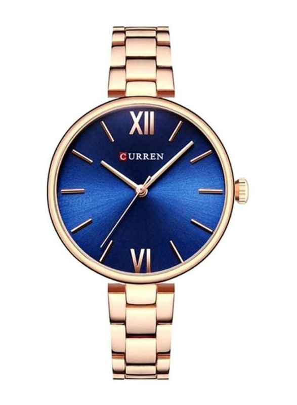 Curren Analog Watch for Women with Stainless Steel Band, Water Resistant, 9017, Gold-Blue