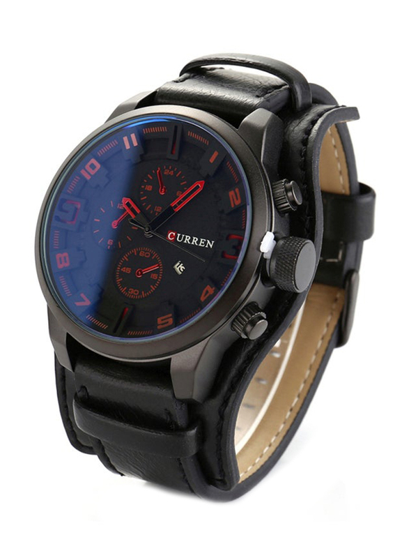 Curren Analog + Digital Watch for Men with Leather Band, Water Resistant, Black-Black