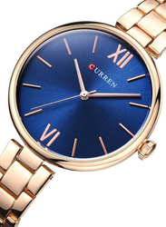 Curren Analog Watch for Women with Stainless Steel Band, Water Resistant, 9017, Gold-Blue