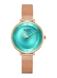 Curren Analog Watch for Women with Stainless Steel Band, Water Resistant, 9029, Gold-Blue