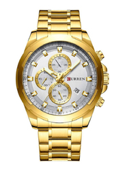 Curren Analog Watch for Men with Stainless Steel Band, Water Resistant and Chronograph, Gold-White