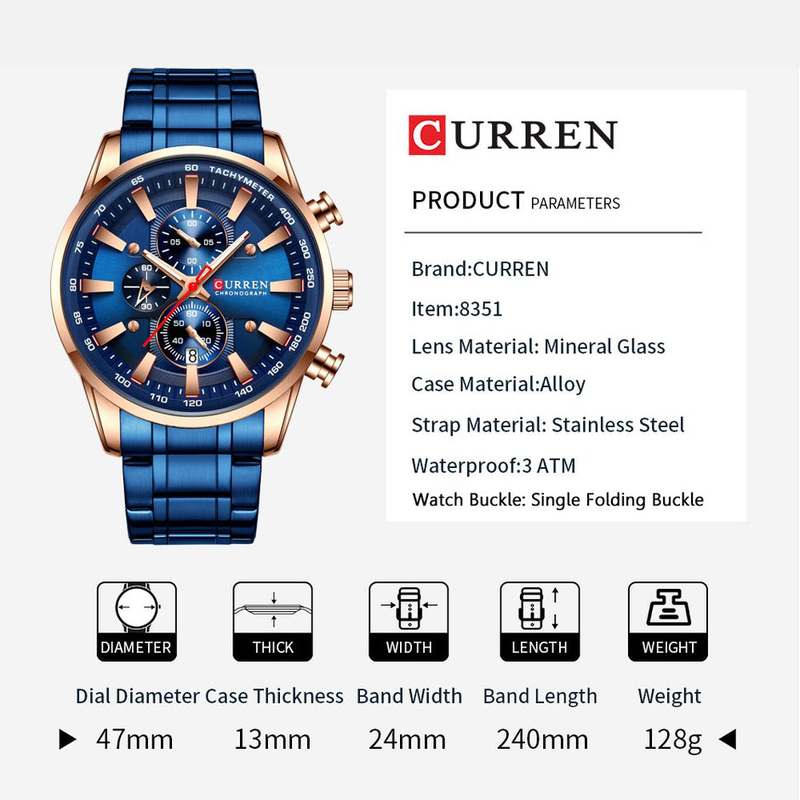 Curren Analog Quartz Watch for Men with Stainless Steel Band, Water Resistant and Chronograph, Blue