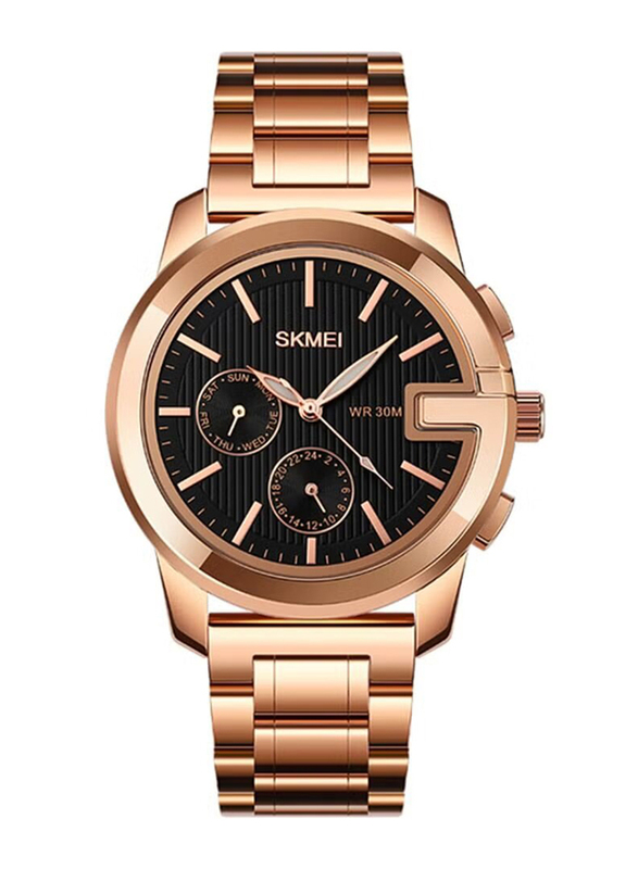 SKMEI Multifunction Business Analog Watch for Men with Stainless Steel Band, Water Resistant, Rose Gold-Black