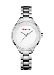 Curren Analog Watch for Women with Stainless Steel Band, Water Resistant, WT-CU-9015-SL, Silver-White