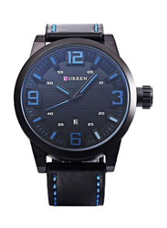 Curren Analog Wrist Watch for Men with Leather Band, Water Resistant, WT-CU-8241-BL, Black-Blue
