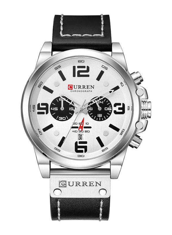 Curren Analog Watch for Men with Leather Band, Water Resistant and Chronograph, 8314, White-Black
