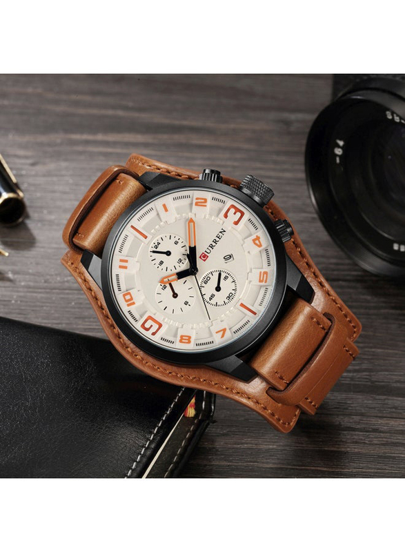 Curren Analog+Digital Watch for Men with Leather Band, Water Resistant and Chronograph, Brown-White