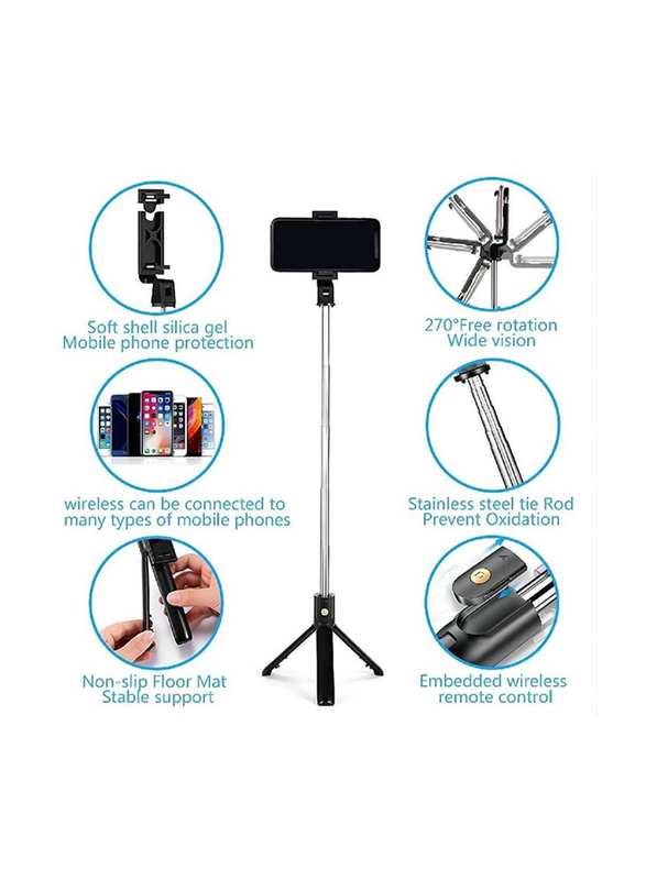 Selfie Stick Tripod Extendable Selfie Stick with Detachable Wireless Remote, Black/Silver