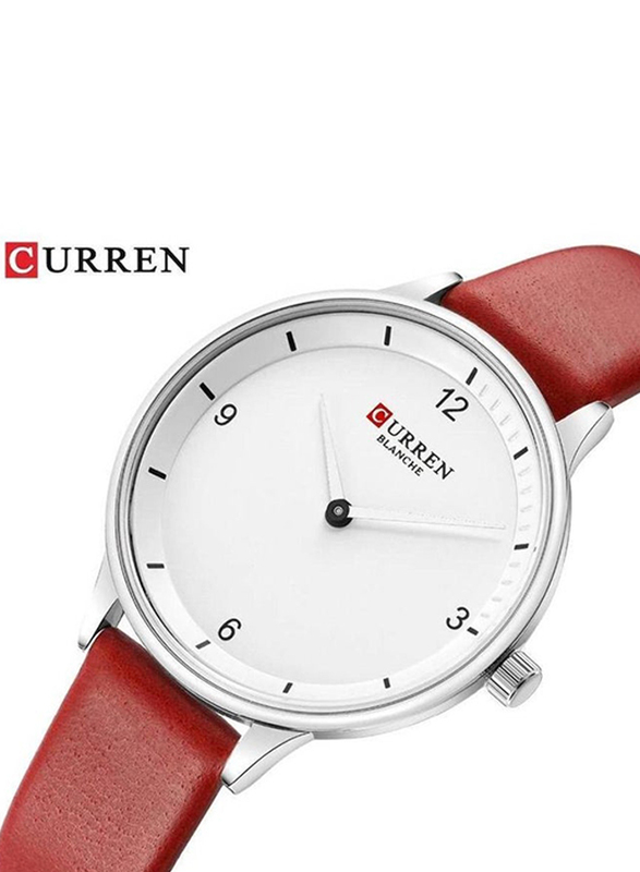 Curren Analog Watch for Women with Leather Band, Water Resistant, 9039, Red-White