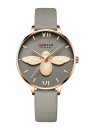 Curren Analog Watch for Women with Leather Band, Water Resistant, Grey-Gold/Grey