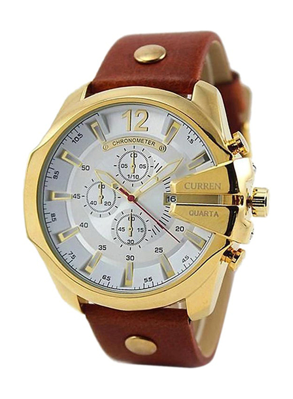 Curren Analog Watch for Men with Leather Band and Water Resistant, M8176, Brown-White